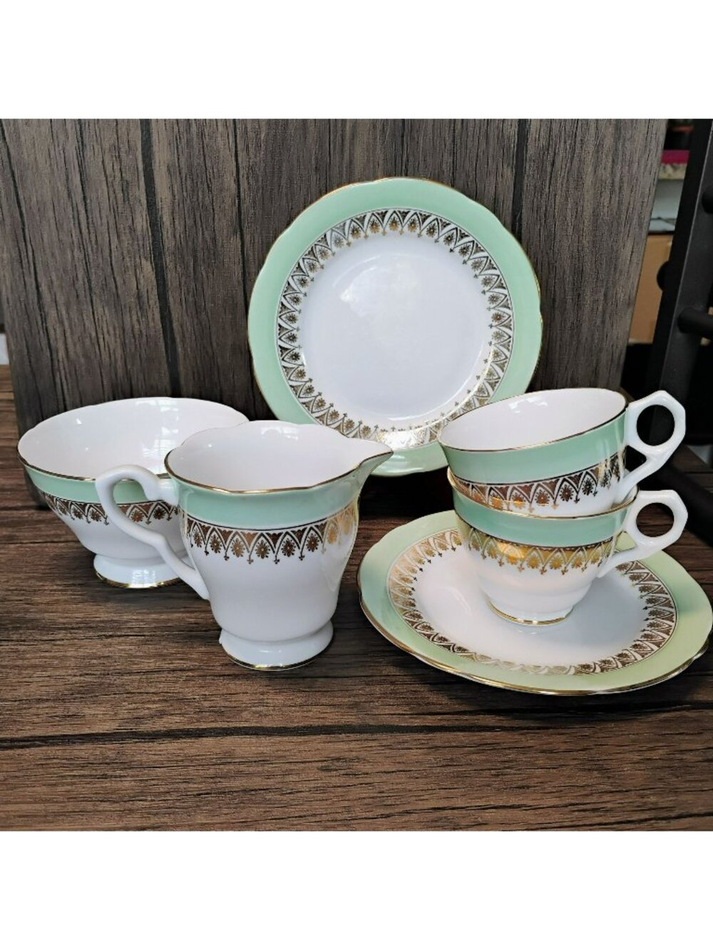 Royal Stafford Bone China England Tea Set Mint Green & Gold Trim 6-Piece Set